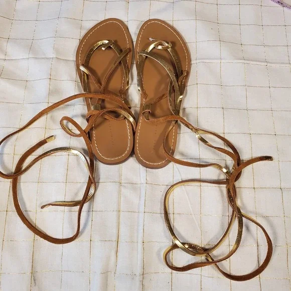 Zara Women's Gold Leather Flat Strap Gladiator Sandals Size 40 Bohemian - Picture 2 of 5